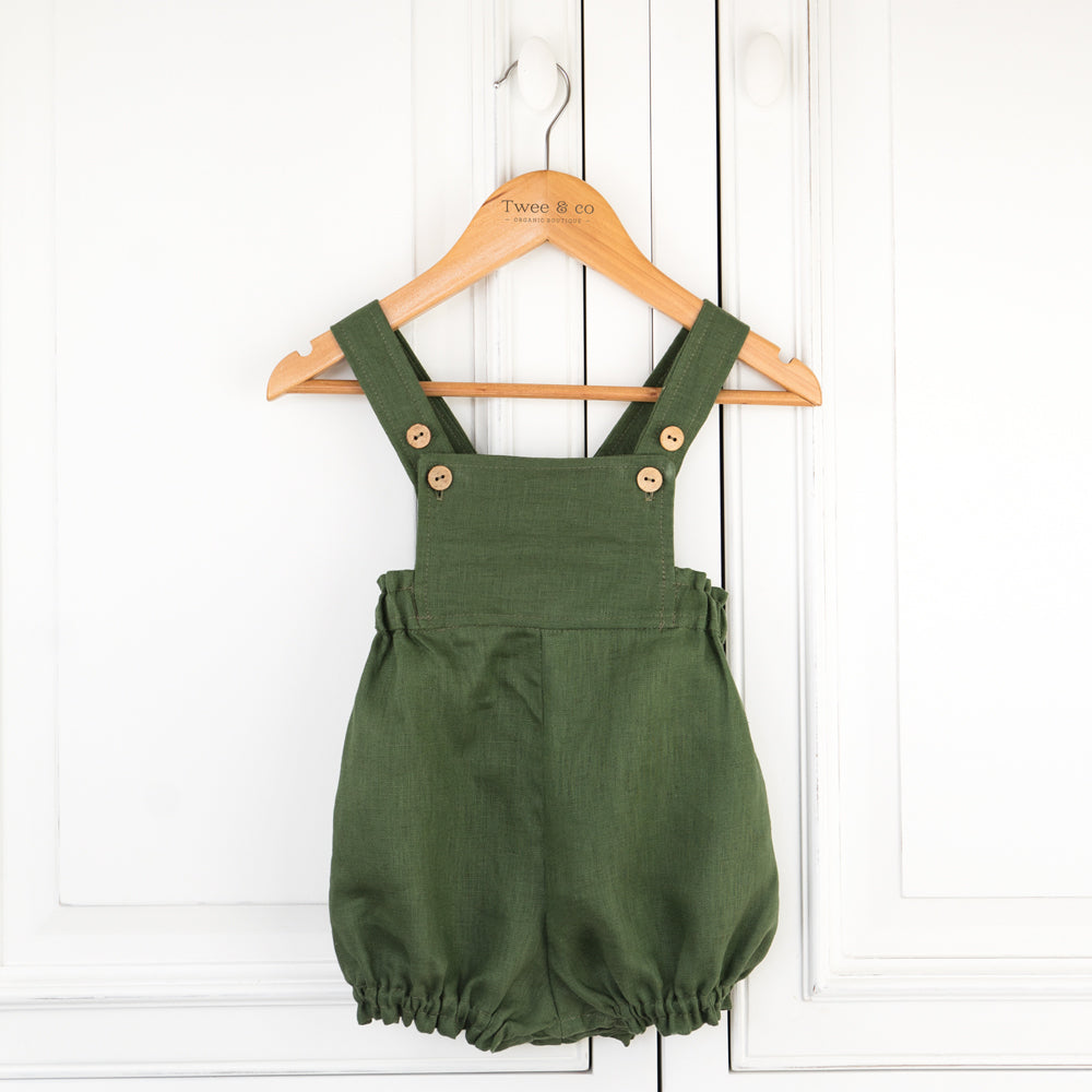 Organic linen romper in forest green by Twee & Co