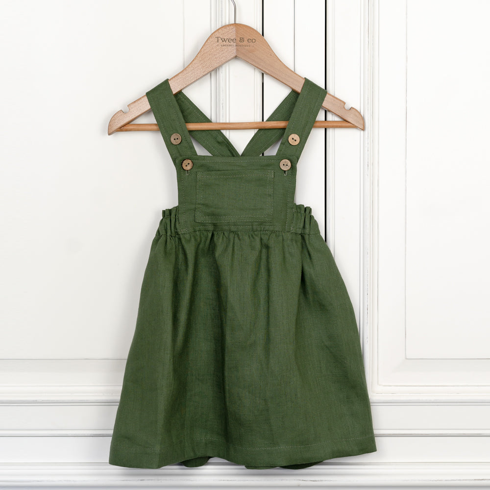Forest Green Organic Linen  Pinny with Wooden Button 