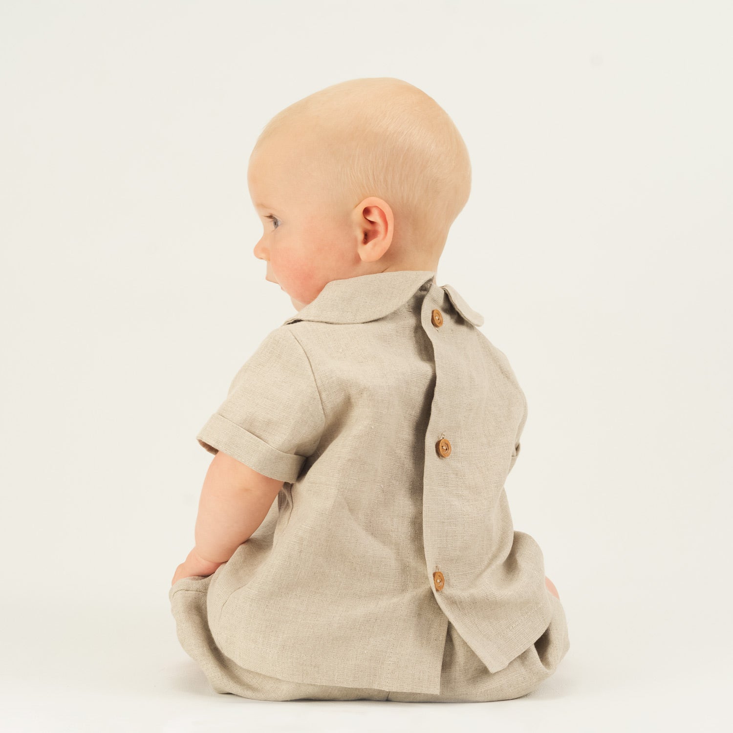 Baby Boy wearing Organic Linen Shirt and Bloomers