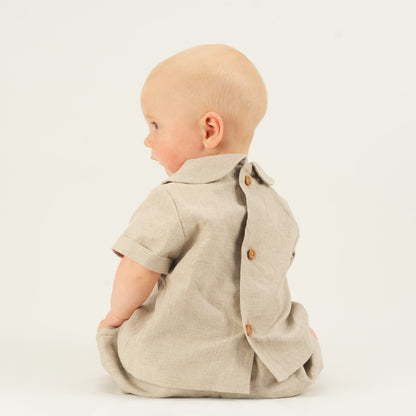 Baby Boy wearing Organic Linen Shirt and Bloomers