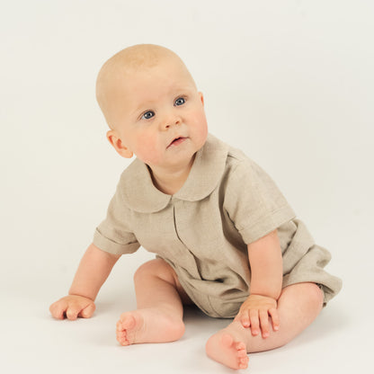 Baby Boy wearing Organic Linen Shirt and Bloomers by Twee and Co