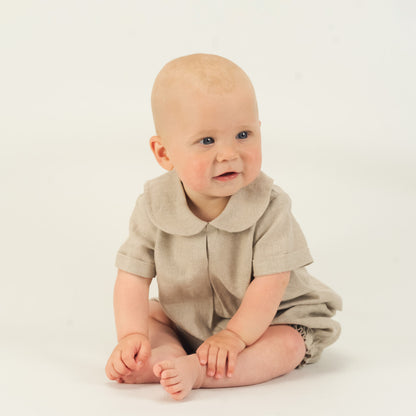 Baby Boy wearing Organic Linen Shirt and Bloomers by Twee and Co