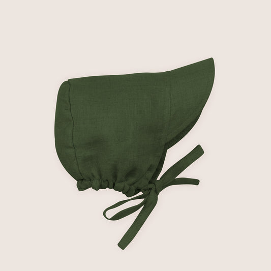 Forest Green Organic Linen Peaked Bonnet for Babies and Toddlers by Twee and Co